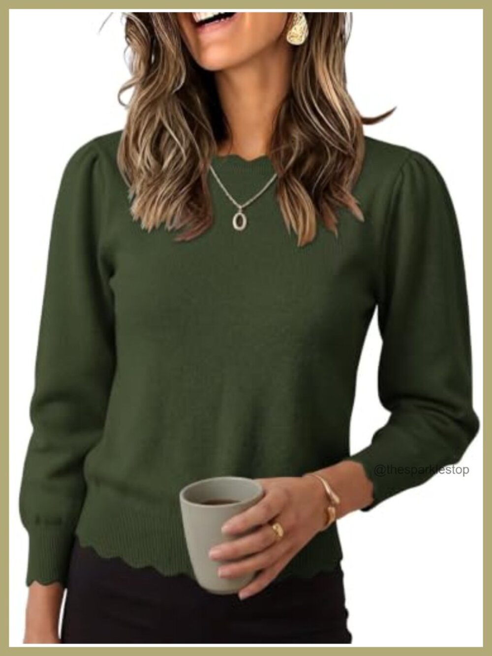 Womens Long Sleeve Lightweight Sweater Scalloped Puff Sleeve Business Casual